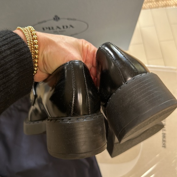 PRADA Black Leather Triangle Shiny Loafers (Sz. 37.5/ 6.5 US) - Picture 7 of 8